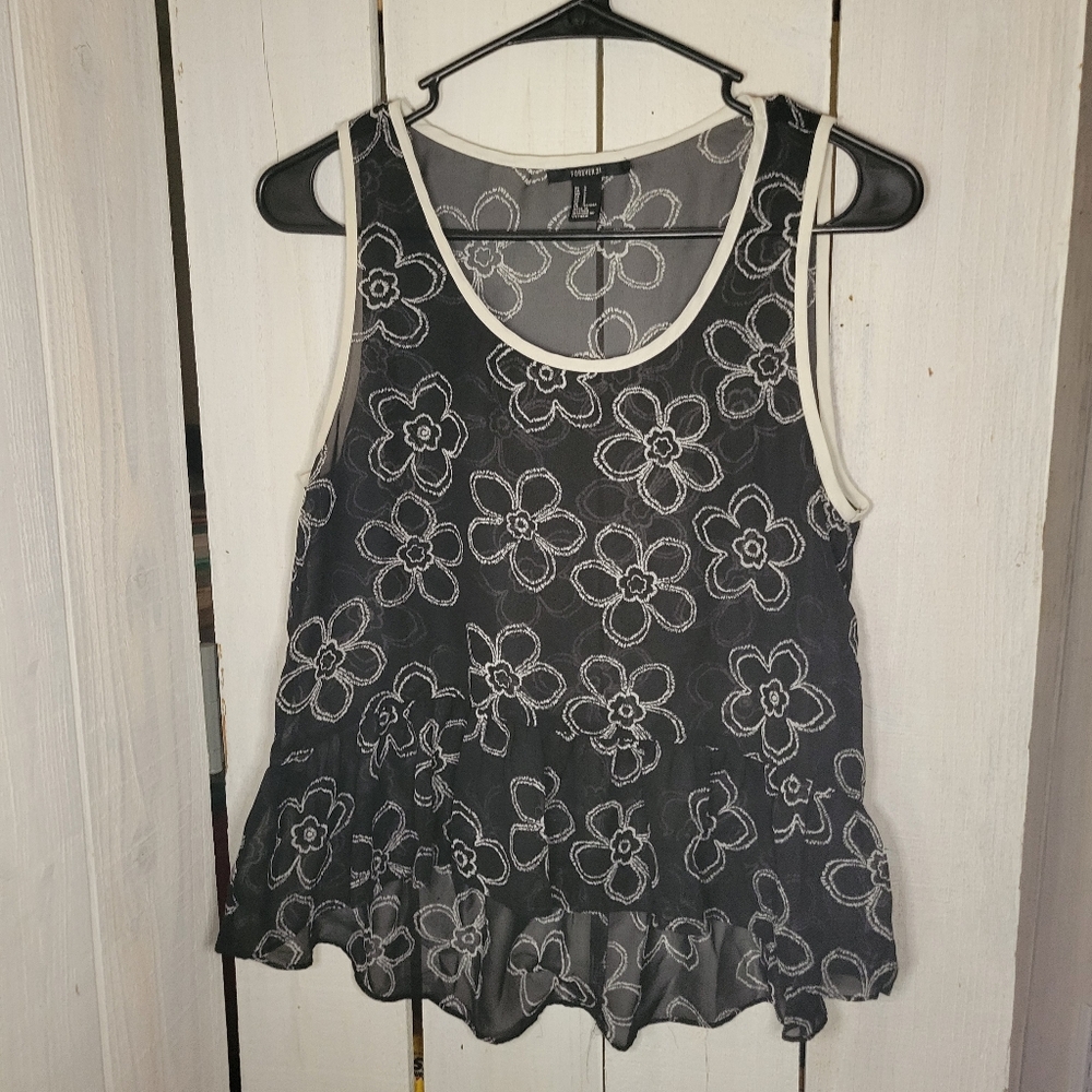 Forever 21, S, Floral Black and White Women's Sheer Ruffle Top